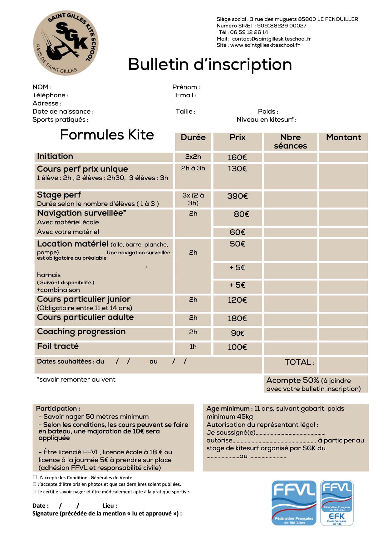 Bulletin d'inscription - Saint Gilles Kite School - 2026