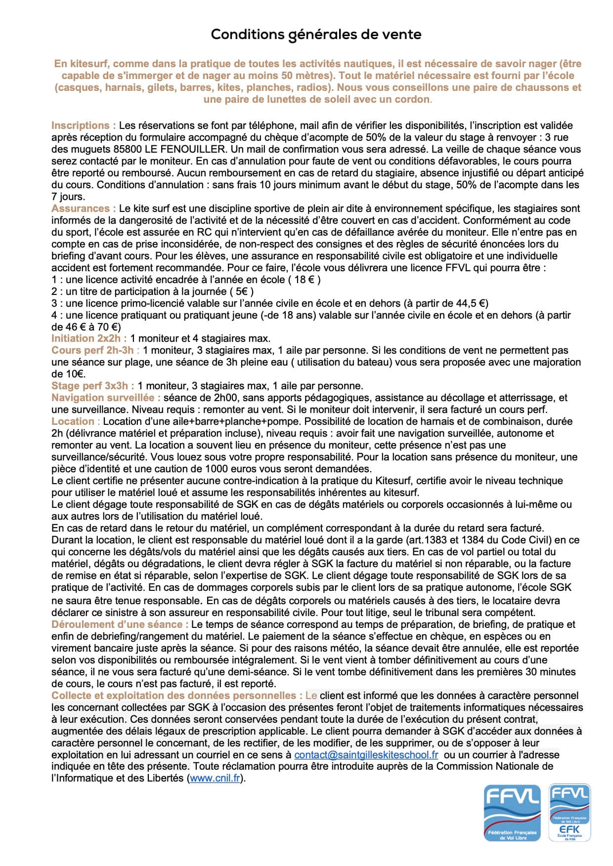 CGV du bulletin d'inscription - SaintGillesKiteSchool - 2026